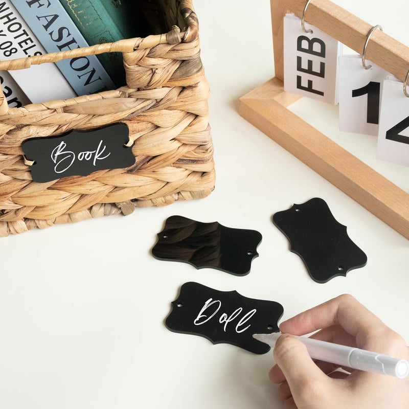Temlum 18 Pcs Acrylic Basket Labels, Storage Tags with Chalk Marker Removable Label for Wire, Wicker, Woven Baskets & Pantry Storage (Wavy Shape 01, Black) - Image 5